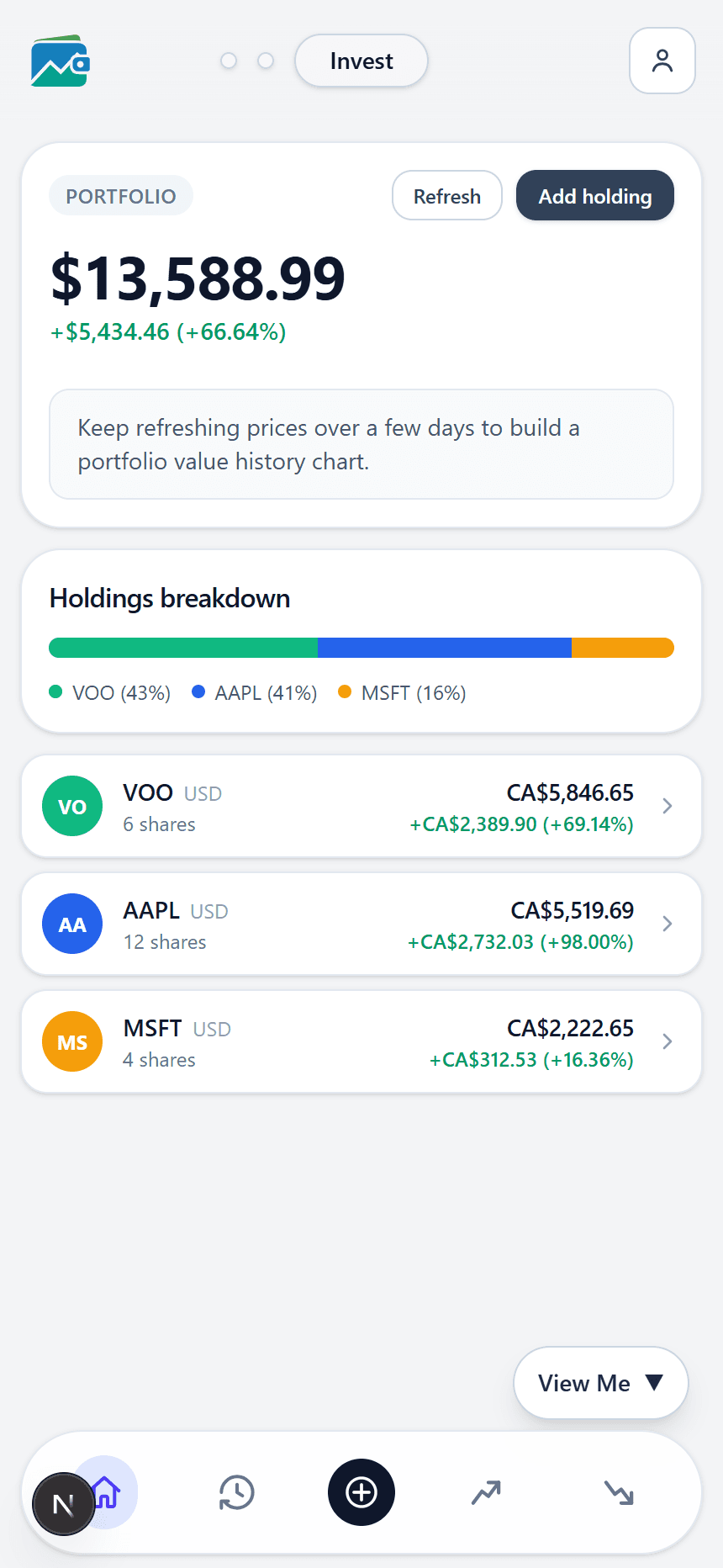 MeroWallet investments page showing portfolio value, gains, and a holdings breakdown